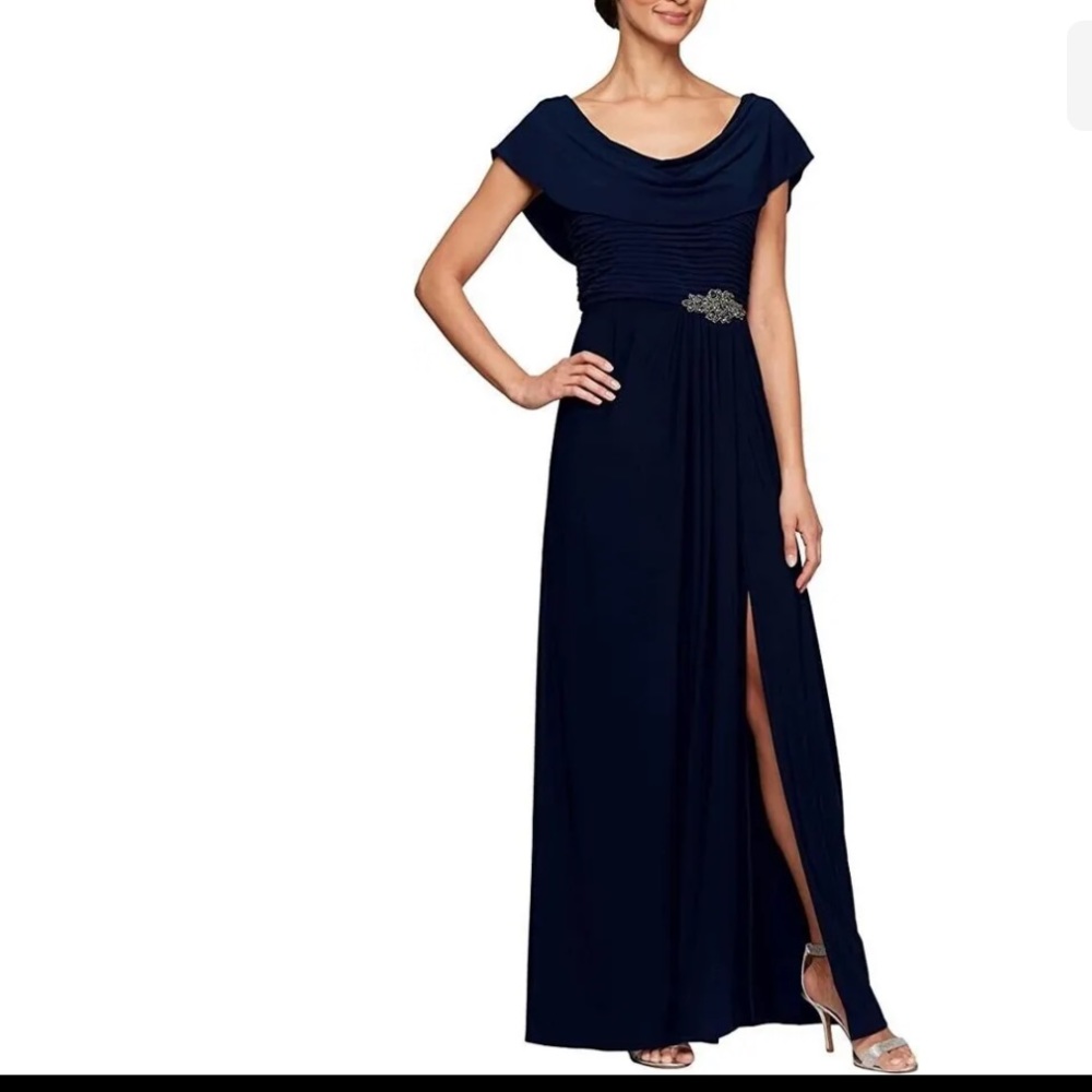 Alex Evenings Women's Long Cowl Neck A-line Dress NAVY SZ 8P NWT